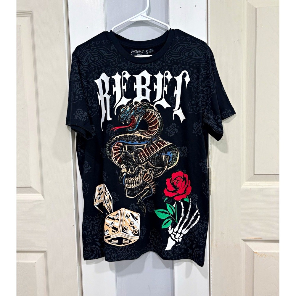 Rebel Vengeance Men's M Black Skull Snake Graphic Tee Rhinestone Crew Neck SS